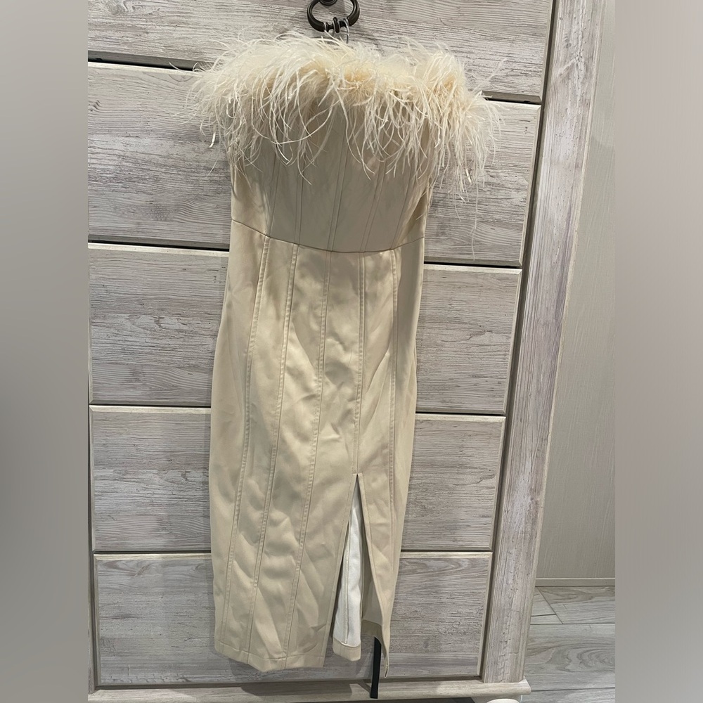 Feather trimmed pleather midi dress